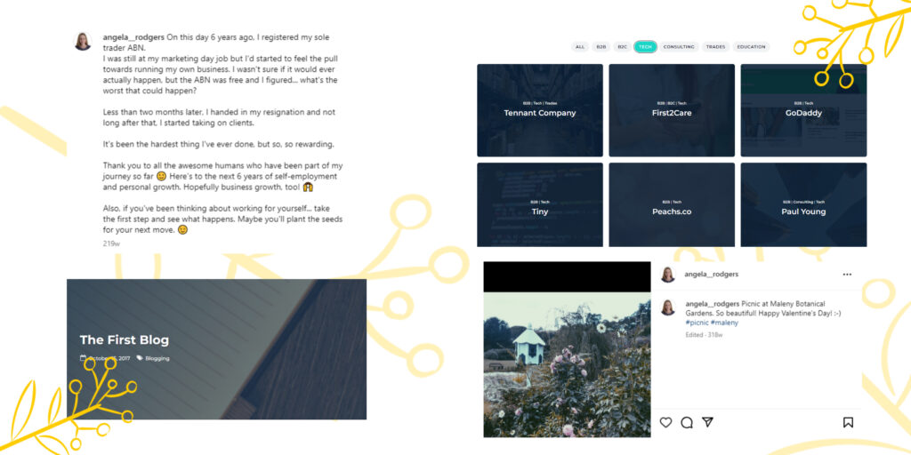 Screenshots of old blog posts, Instagram posts, and portfolio pieces to show writing style consistency.